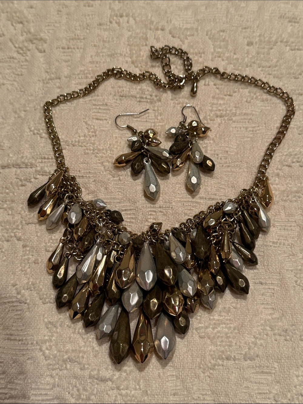 Cache Gold and Bronze Faceted Teardrop Statement Necklace and Earrings Set